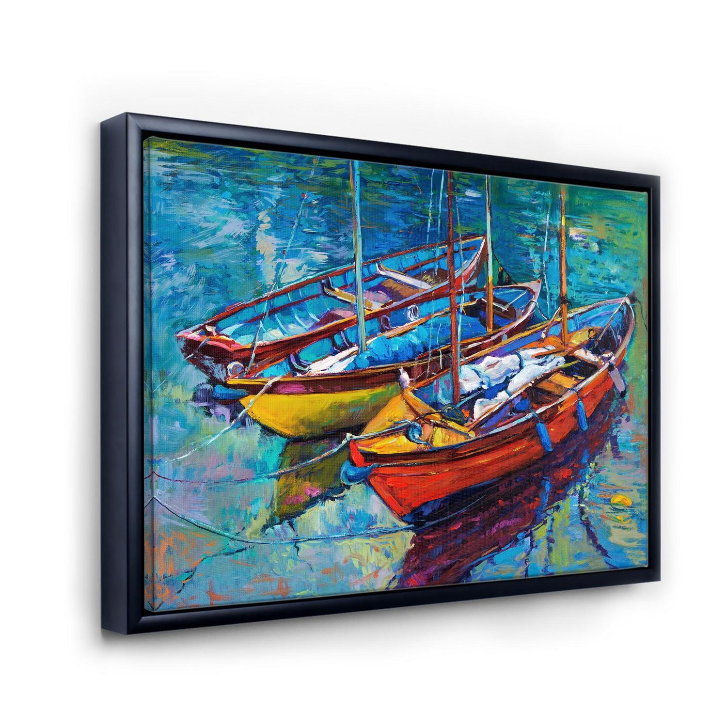 Designart Three Boats In The Harbor FLOAT FRAME WALL ART
