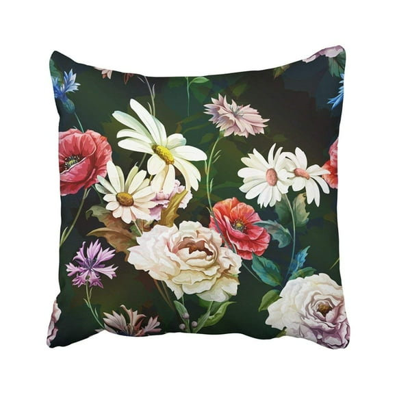 RYLABLUE Poppy Flowers With Chamomile Camomile Leaves Cornflowers And Peony On Dark Green Pillowcase Pillow Cover 16x16 inches