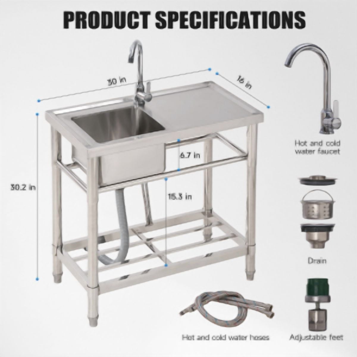 TEQIN Compartment Commercial Sink, Stainless Steel Utility Sink with Pull-out Faucet, Free Standing Laundry Sink Kitchen Sink with Storage Shelve for Restaurant, Garage, Shop, Cafe, Outdoor