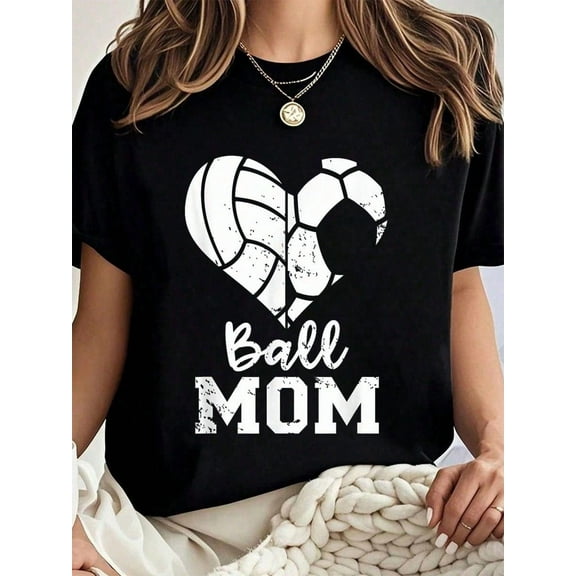100% Cotton Ball Mom Heart Funny Soccer Volleyball Mom T-Shirt Summer Tees Women