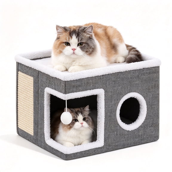 Kwa Heri Large Cat Houses for Indoor Cats, Covered Cave Bed with Scratch Pad and Fluffy Ball, Foldable Cat Hideaway Condo Multi Small Pet, Dark Grey, 16x16x11.8 inches