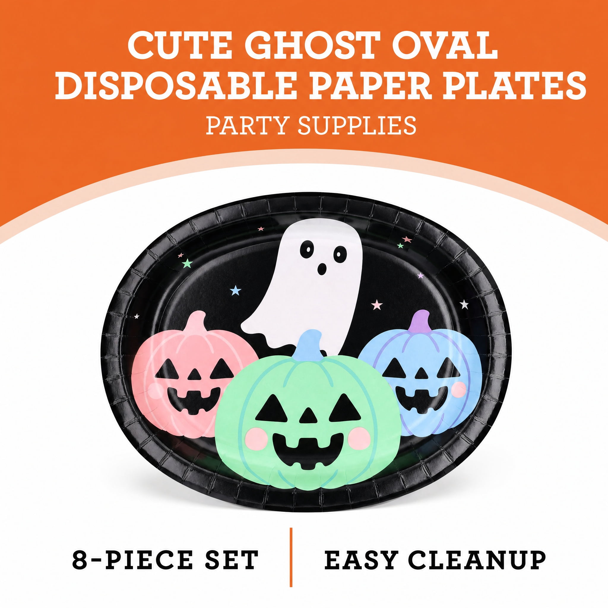 Cute Ghost Oval Disposable Paper Plates, Multicolor, 12" x 10", 8 Count, Halloween by Way To Celebrate