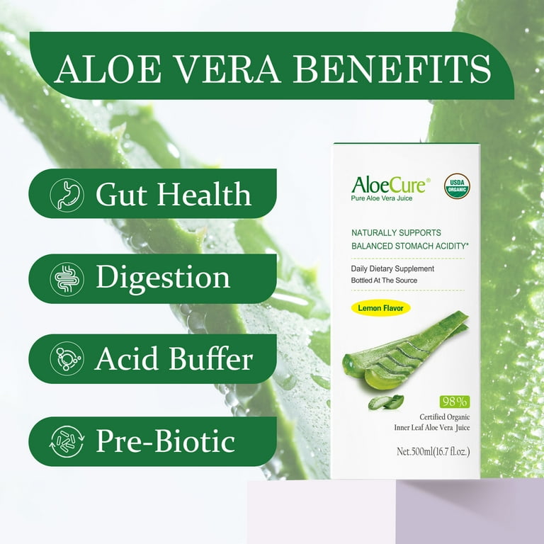 AloeCure USDA Organic Aloe Vera Juice Lemon Flavor - Made Within 12 Hours  of Harvest - Natural Digestive Supplement for Balanced Stomach Acidity - ...