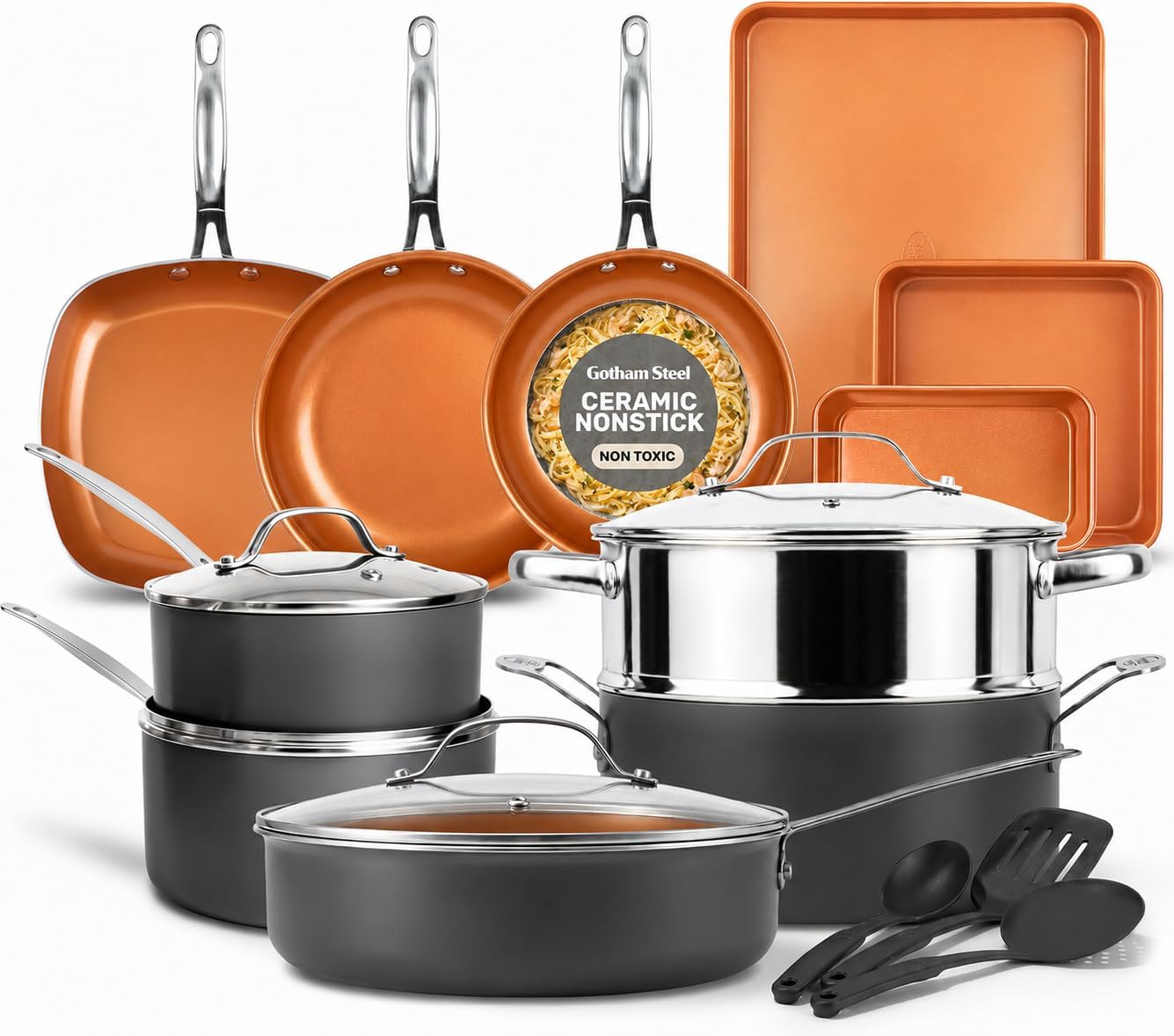 Gotham Steel TRUE VALUE 20 Pc Ceramic Pots and Pans Set Non Stick, Ceramic Cookware Set with Bakeware, Pot and Pan Set with Utensils, Non Stick Pots and Pan Set, Oven & Dishwasher Safe, Copper