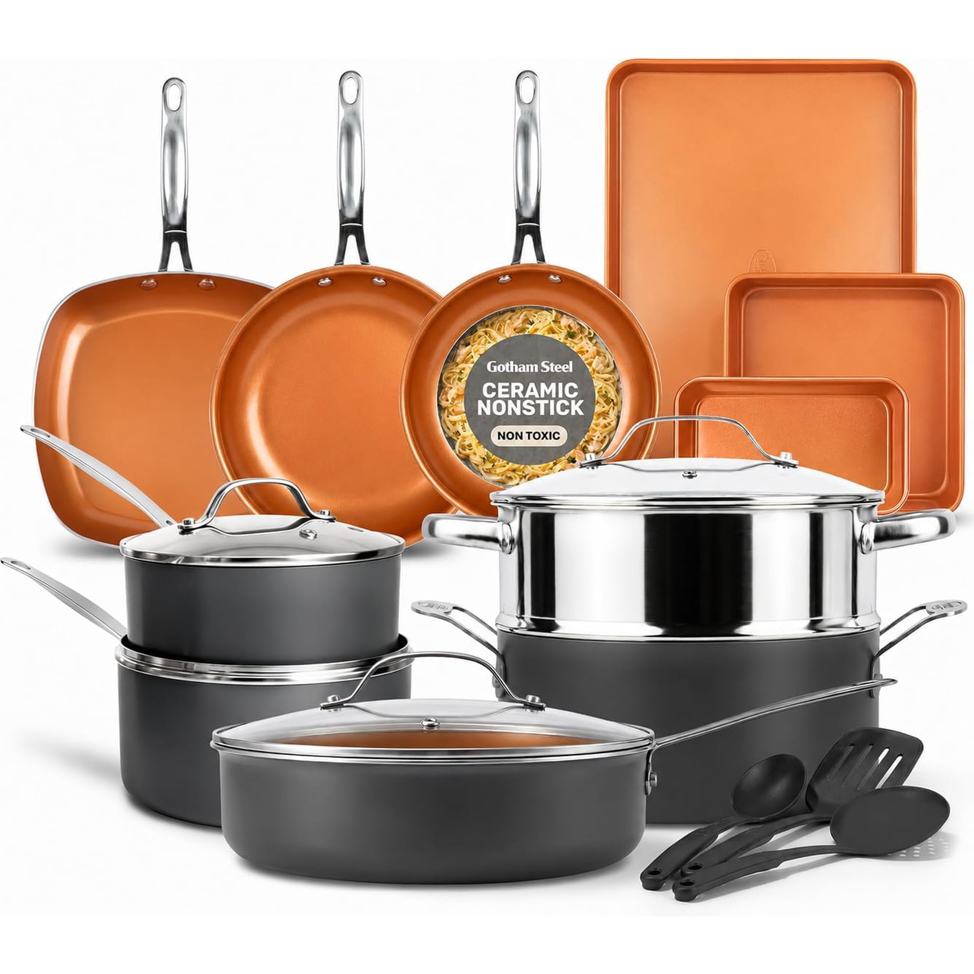 Gotham Steel TRUE VALUE 20 Pc Ceramic Pots and Pans Set Non Stick, Ceramic Cookware Set with Bakeware, Pot and Pan Set with Utensils, Non Stick Pots and Pan Set, Oven & Dishwasher Safe, Copper