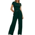 thumbnail image 5 of fheaev Summer 2 Piece Outfit for Women Ruched Short Sleeve Crewneck Tops Wide Leg Pants with Pockets Casual Tracksuit Sets, 5 of 7