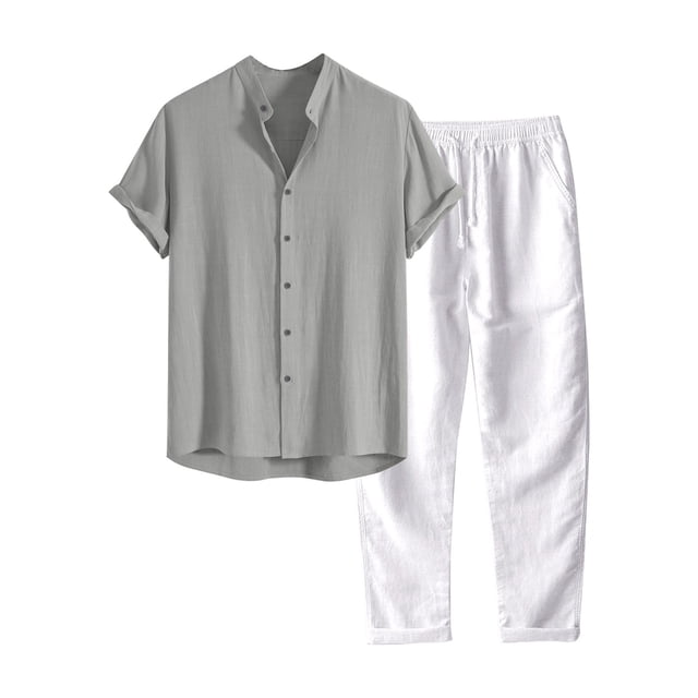 Kcodviy Mens Casual Spring Solid Men's Suit Jacket Color Short Sleeve Turndown Chicken Suite Top Long Pant Suit
