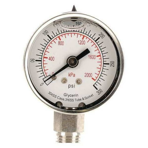 Commercial Pressure Gauge, 0 to 300 psi, 2 in Dial, 1/4 in NPT, Bottom Location