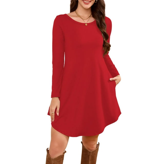 Robe T-Shirt à Poche, Robe Midi Ample à Manches Longues à Col Rond, Robe Facile pour Tous les Jours pour Femmes, Maternité, Voyage et Tenue de Fin de Semaine Rouge P