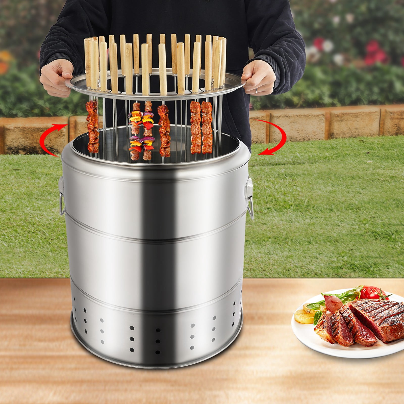 Portable Barbecue Charcoal Barrel Grill with Grilling Accessories Set for Picnics, Camping Barbecues