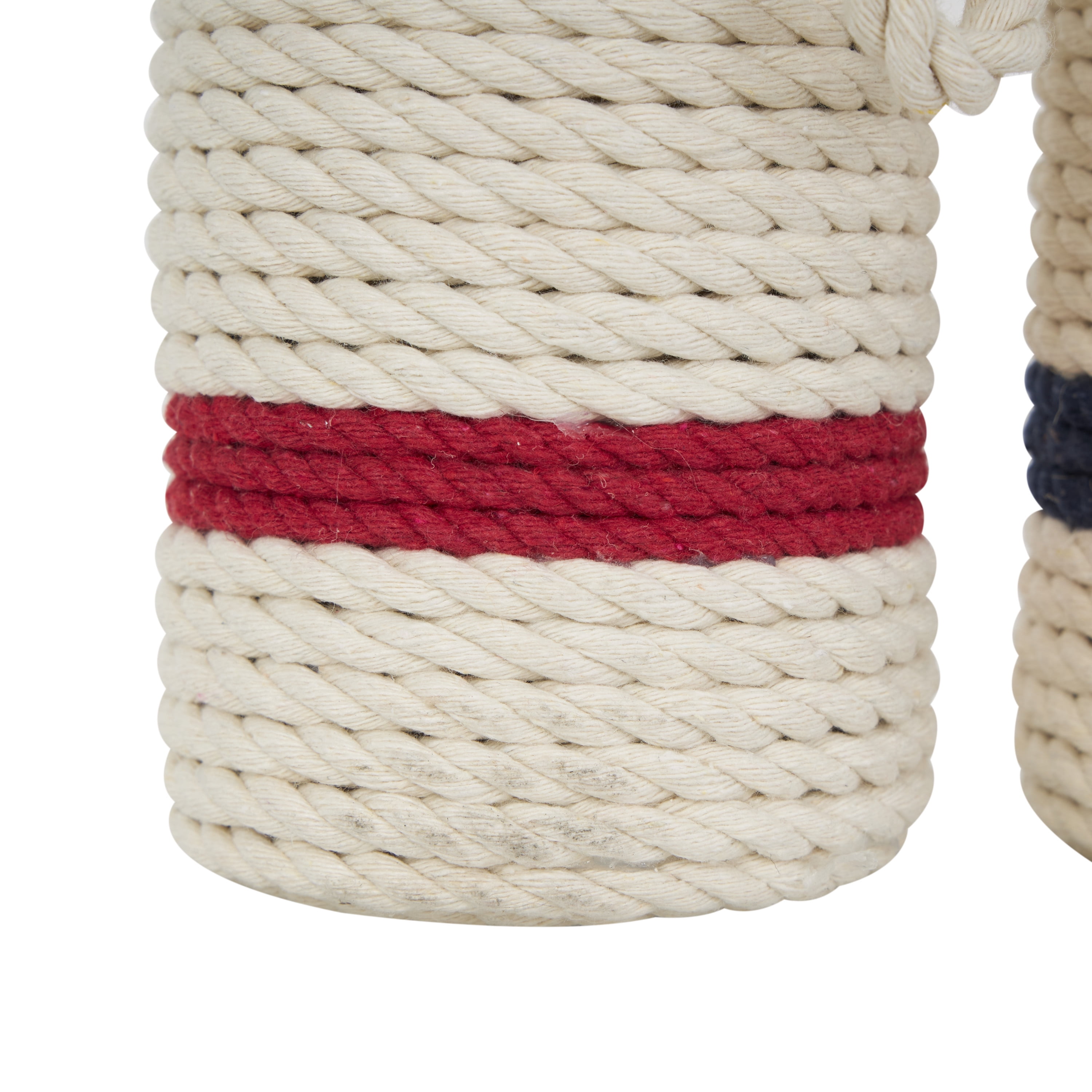 7"W, 10"H White Wood Handmade Coiled Striped Rope Buoy Sculpture with Joined Hanging Handle, by DecMode (2 Count)