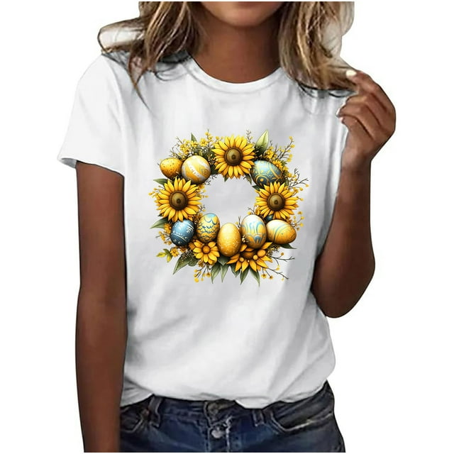 Hyknon Hauts d'Été pour Femmes Mode Ample Pull Polyvalent Blouses Décontractées Imprimé de Pâques Col Rond Manches Courtes Hauts d'Été