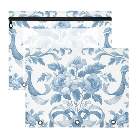 Blue Flowers Bowknots Pastel Elegant 3-Ring Binder Pouches A4 Size Zipper Pocket File Storage 2 Packs