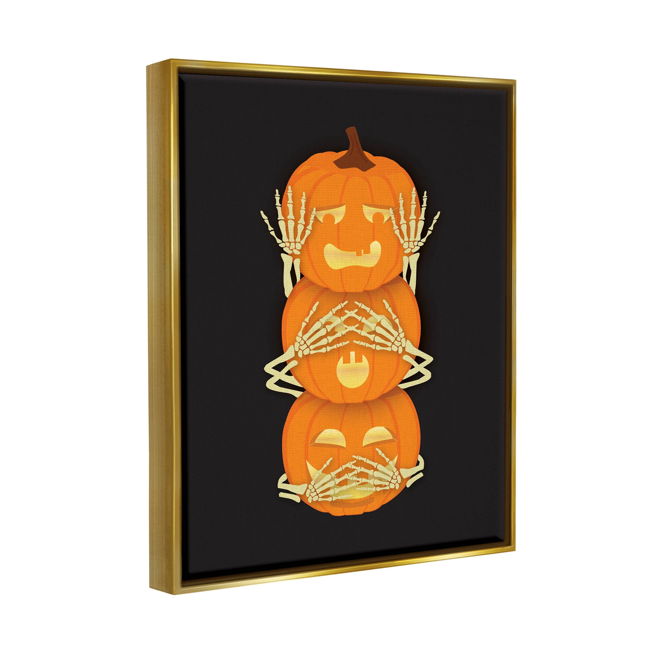 Stupell Industries Hear See Speak No Evil Pumpkins Graphic Art Metallic Gold Floating Framed Canvas Print Wall Art, Design by Linda Birtel