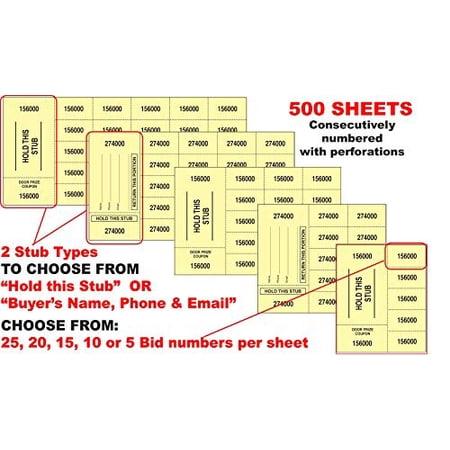 500 Yellow Chinese Tickets - "Hold This Stub" OR "Buyer's Name, Email & Phone" - Choose: 25, 20, 15, 10 or 5 Bid Numbers per Sheet (15 Bid Numbers per Sheet, Stub w/ "Hold This Stu