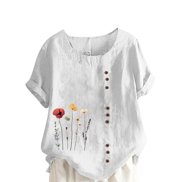 Camisetas de Manga Corta para las Mujeres Impreso Botón de Manga Corta Camiseta Blusa Poliéster, Ropa Casual Mirar Superior para las Mujeres