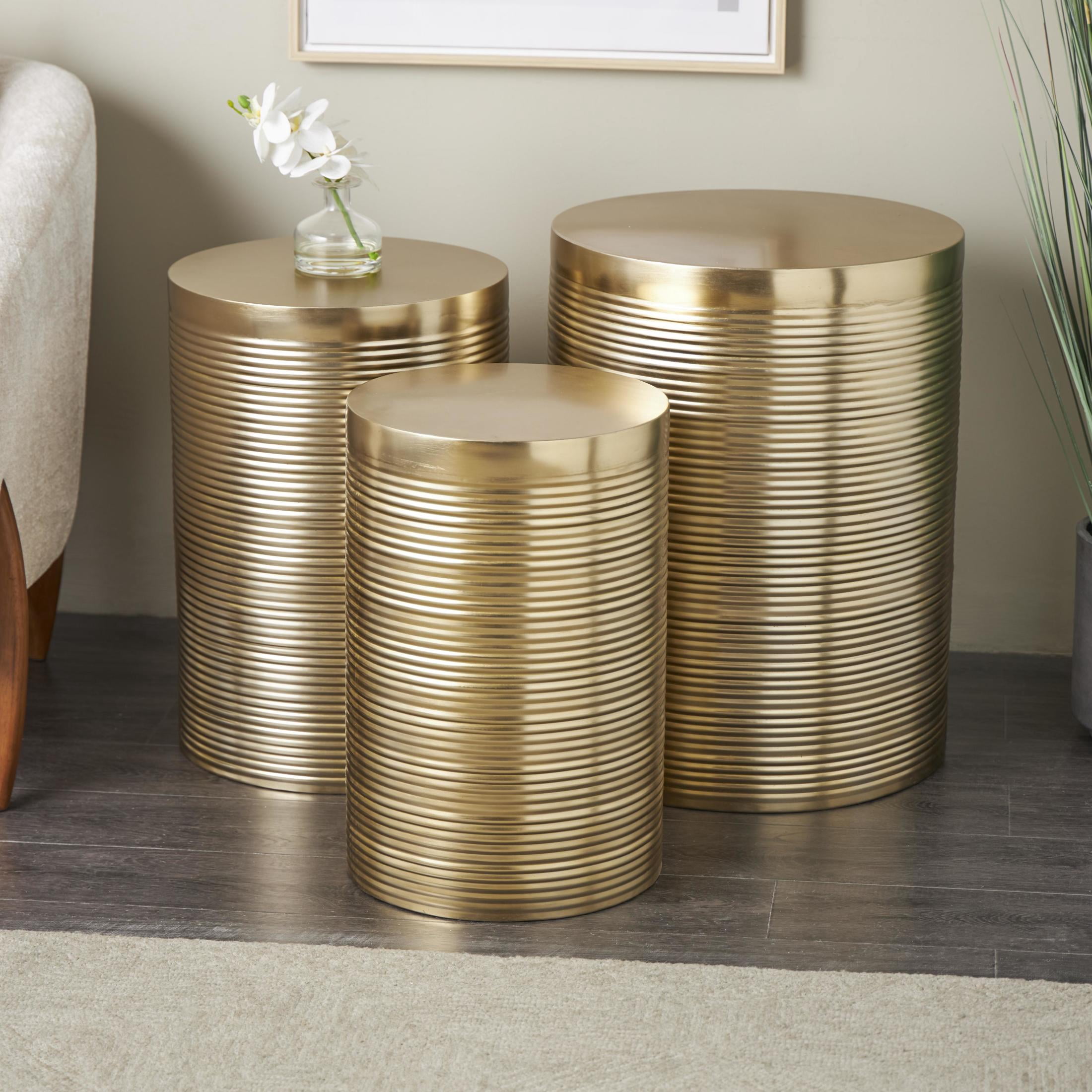 DecMode 18" x 24" Gold Metal Metallic Ribbed Drum Accent Table, 3-Pieces