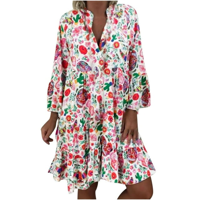 Robe d'Invitée de Mariage, Style Bohème, Col en V, Manches 3/4, Imprimée, Minirobe à Pois, Robe Bustier, Robe Longue, Robe Longue