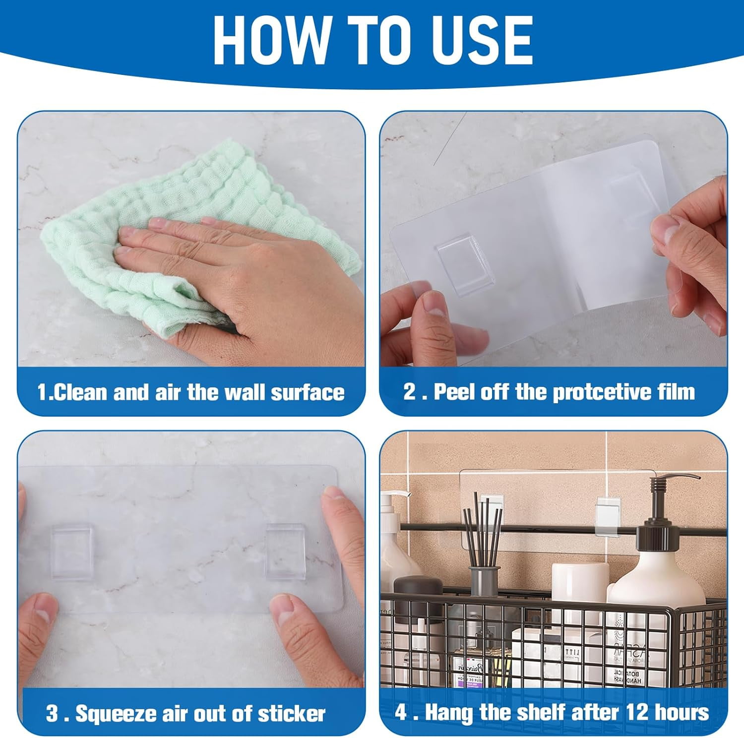 6 Pcs Shower Caddy Adhesive Strips - Transparent No Drill Wall Hooks
