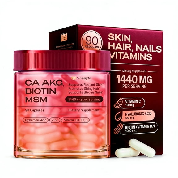 Skin, Hair & Nails Vitamins | 1440 mg with CA AKG, Biotin 5000 mcg, MSM & Hyaluronic Acid | Supports Radiant Skin, Shiny Hair & Strong Nails | 90 Capsules