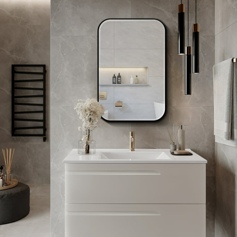 Fundin Large Wall Mounted Medicine Cabinet Beveled Edge Mirror Door Black Round Corner Metal Frame 16 x 24 inch Walmart