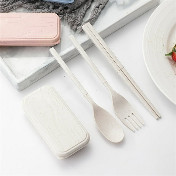 Juego de vajilla plegable para estudiantes y uso al aire libre | Kit de comida portátil de 3 piezas: tenedor, cuchara, palillos, caja de almacenamiento | Material duradero, fácil de limpiar, no