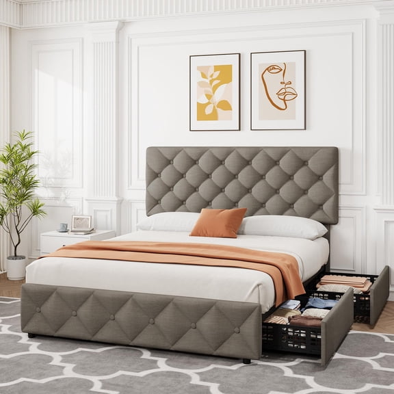 Kicctian Queen Upholstered Platform Bed Frame with Adjustable Headboard & 4 Storage Drawers Bedroom Furniture,Light Gray