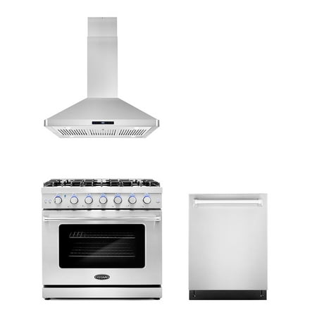 Cosmo 3 Piece Kitchen Appliance Packages with 36  Freestanding Gas Range Kitchen Stove 36  Island Range Hood &amp; 24  Built-in Fully Integrated Dishwasher Kitchen Appliance Bundles