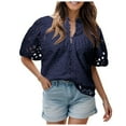 thumbnail image 3 of ORT Women's Summer Tops Dressy Casual Short Sleeve V Neck Buttons Hollow Out Lace Embroidered Blouses Shirts(Z2-Navy,XXL), 3 of 8