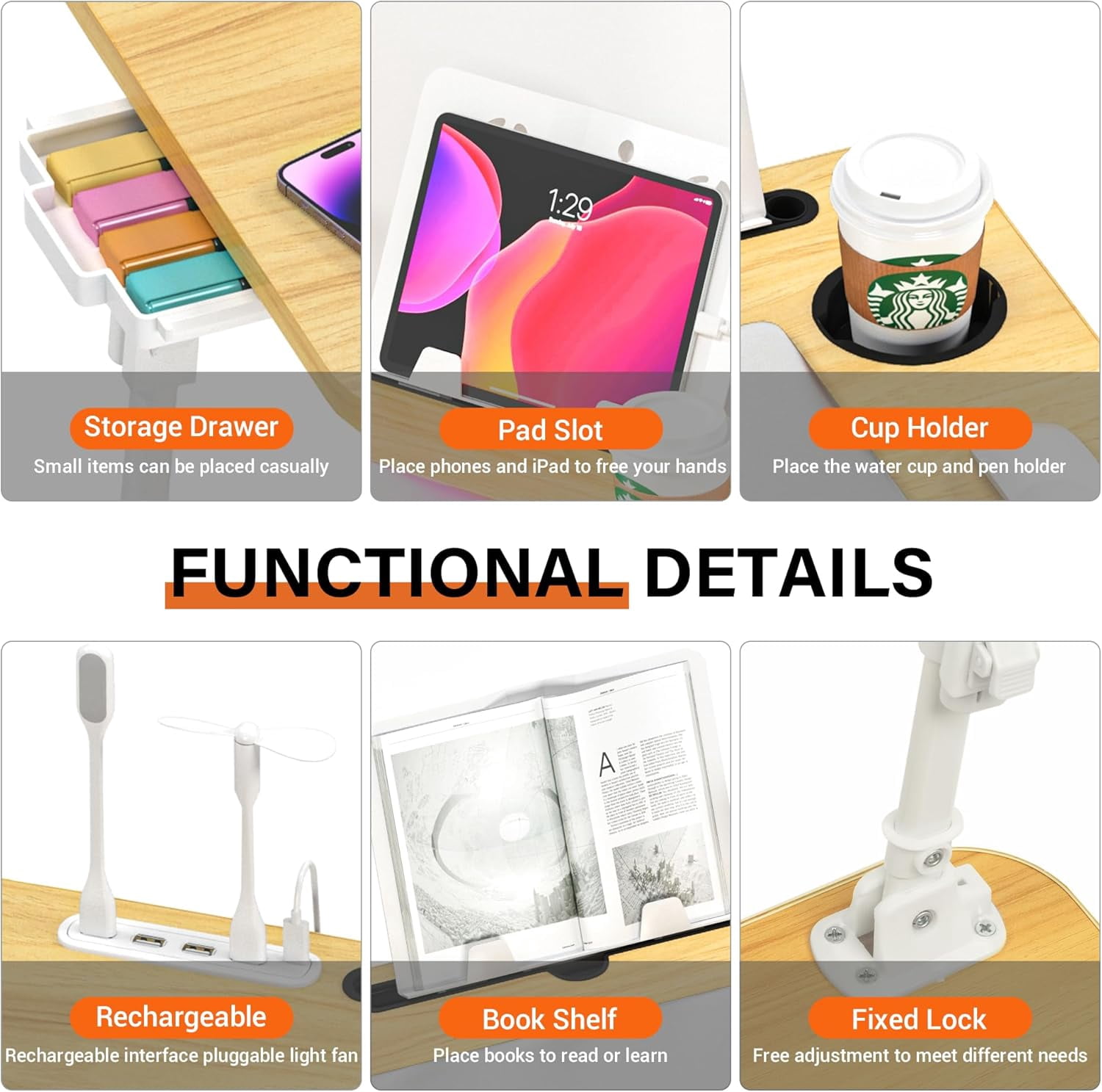 Laptop Bed Desk Height Adjustable, Bed Laptop Table with USB/Storage Drawer/Cup Holder/Tablet Stand/Book Shelf, Foldable Breakfast Tray Portable for Reading Writing, Bed, Sofa & Floor, Wood