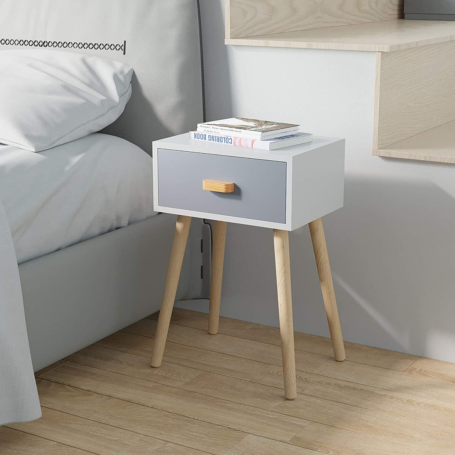 Set of 2 Nightstand w/Storage Drawer, Mid-Century Bedside Table for Bedroom Living Room Home Furniture