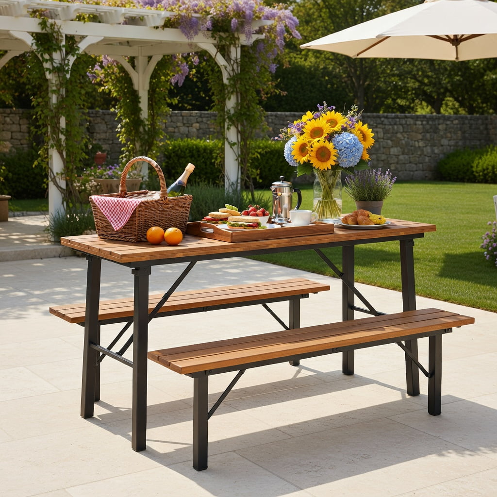 Hommoo Acacia Wood Folding Picnic Table with Rust-Resistant Metal Frame, Compact Outdoor Dining Table for 6, Indoor/Outdoor Use, Natural