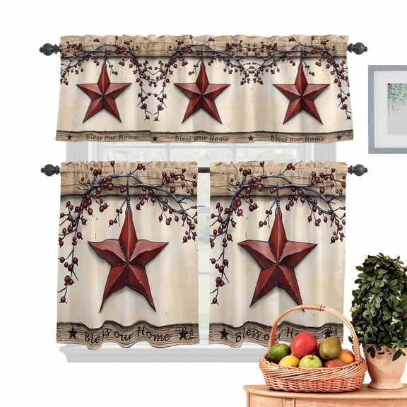 Farmhouse American Kitchen Curtains Valances 3 Piece Set, Country Star Berries Vintage Wood Grain Rod Pocket Tier Curtain and Valance Drapes for Small Window 24 Inch Length for Bedroom Cafe