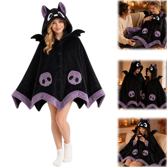 Bat Snug Wearable Bat Blanket Hoodie, Oversized Soft Fleece Throw, Cute Cartoon Bat Hooded Cloak, Cozy Warm Halloween Plush Blanket for Adult Women, Holiday Gift