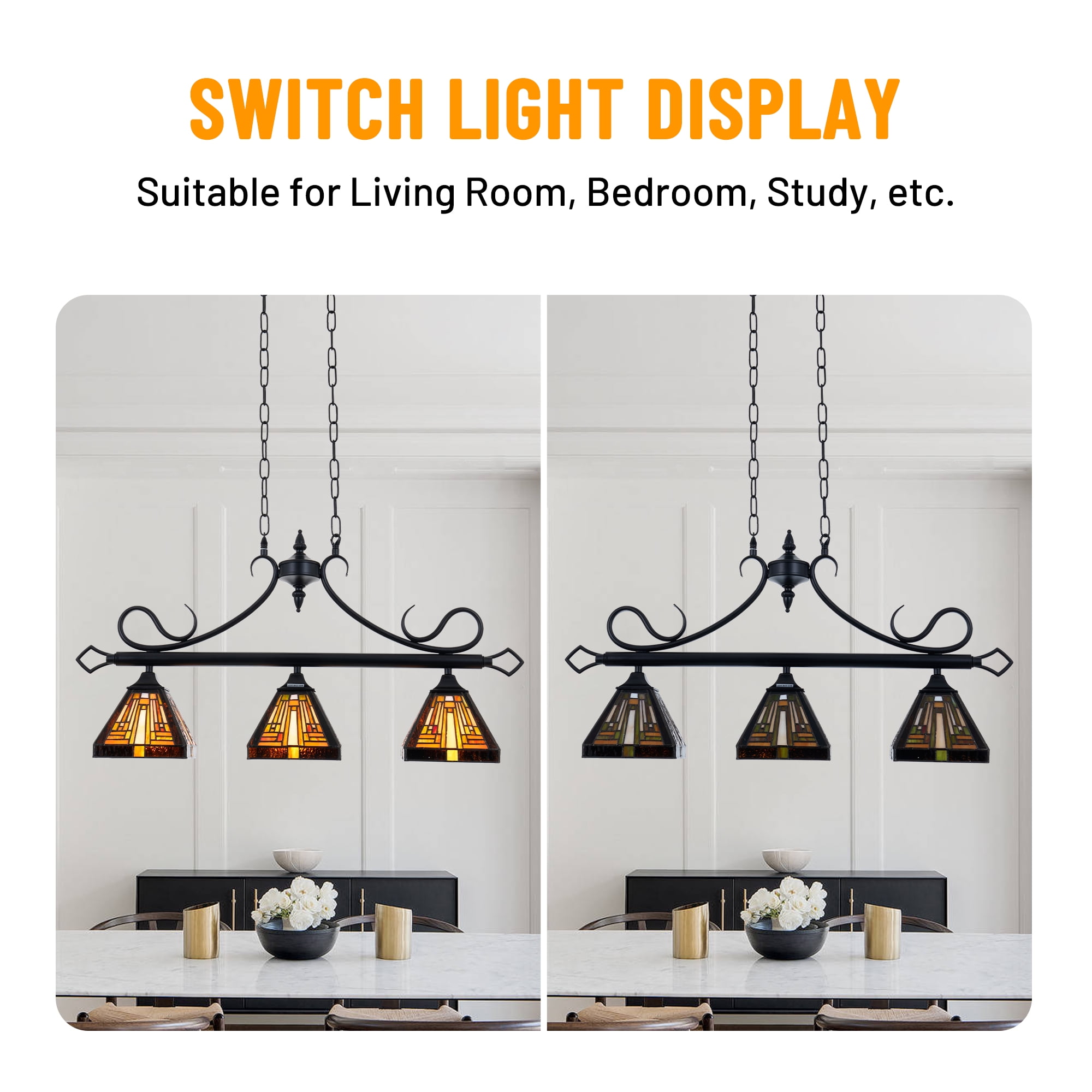 KPIBEST Tiffany Pool Table Lights 3-Light Hanging Chandelier Light Fixture, Victorian Pendant Lighting Decor for Dining Room Kitchen Island Dining Gameroom Bars