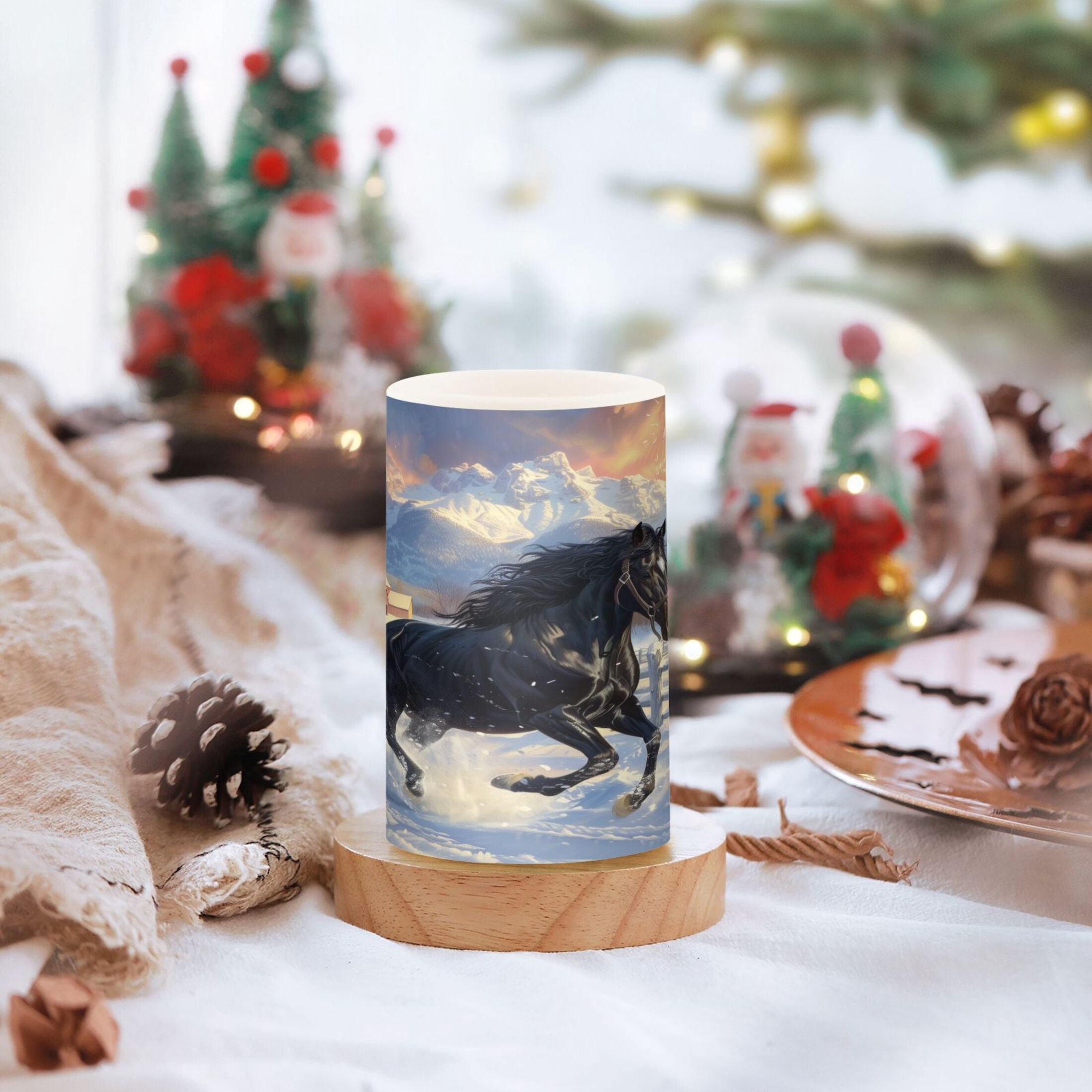 Flickering Flameless LED Candles set of 2 Battery Operated 18-Key Remotes Timer Halloween Fall Decor Horse Galloping in Snow D3''xH4''5''