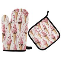 Yayeee Oven Mitts and Pot Holder Set of 4 Heat Resistant Kitchen Gloves Baking Hot Pad, Pink Ice Cream Pattern