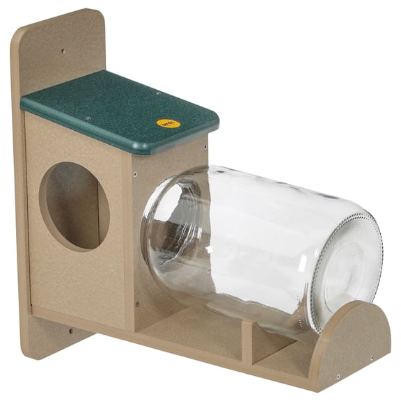 Birds Choice Recycled Poly Lumber Squirrel Jar Nut & Seed Feeder, 6”W x 16”D x 15”H, Taupe w/ Green Roof