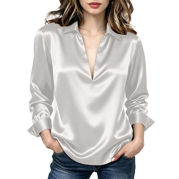 HAiming Plus Size Tops for Women Long Sleeve Silk V Neck Blouses Loose Casual Elegant Solid Color Shirts Office Tops