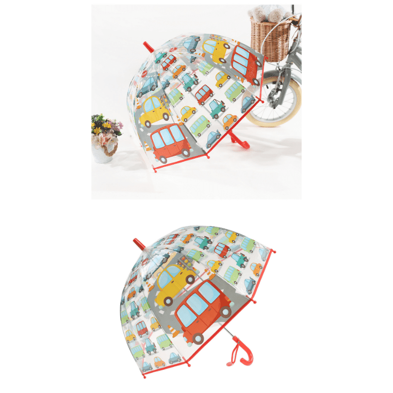 Kid's Clear Transparent Umbrella with Cartoon Cars Pattern, Red Trim, Durable Windproof Children's Rain Umbrella for Boys, Toddler Outdoor Rain Gear