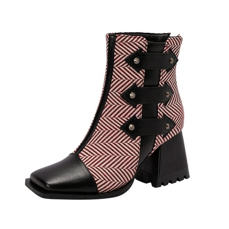 

GWAABD Women Wide Calf Boots Ladies Fashion Colorblock Print Square toe Back Zip High Heel Booties