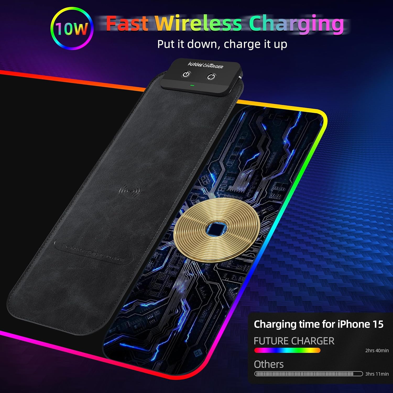 Miroddi Mouse Pad with Wireless Charging, 15W RGB Gaming Mousepad with 9 Light, LED Large Desk Mat with Waterproof Non-Slip Rubber Base