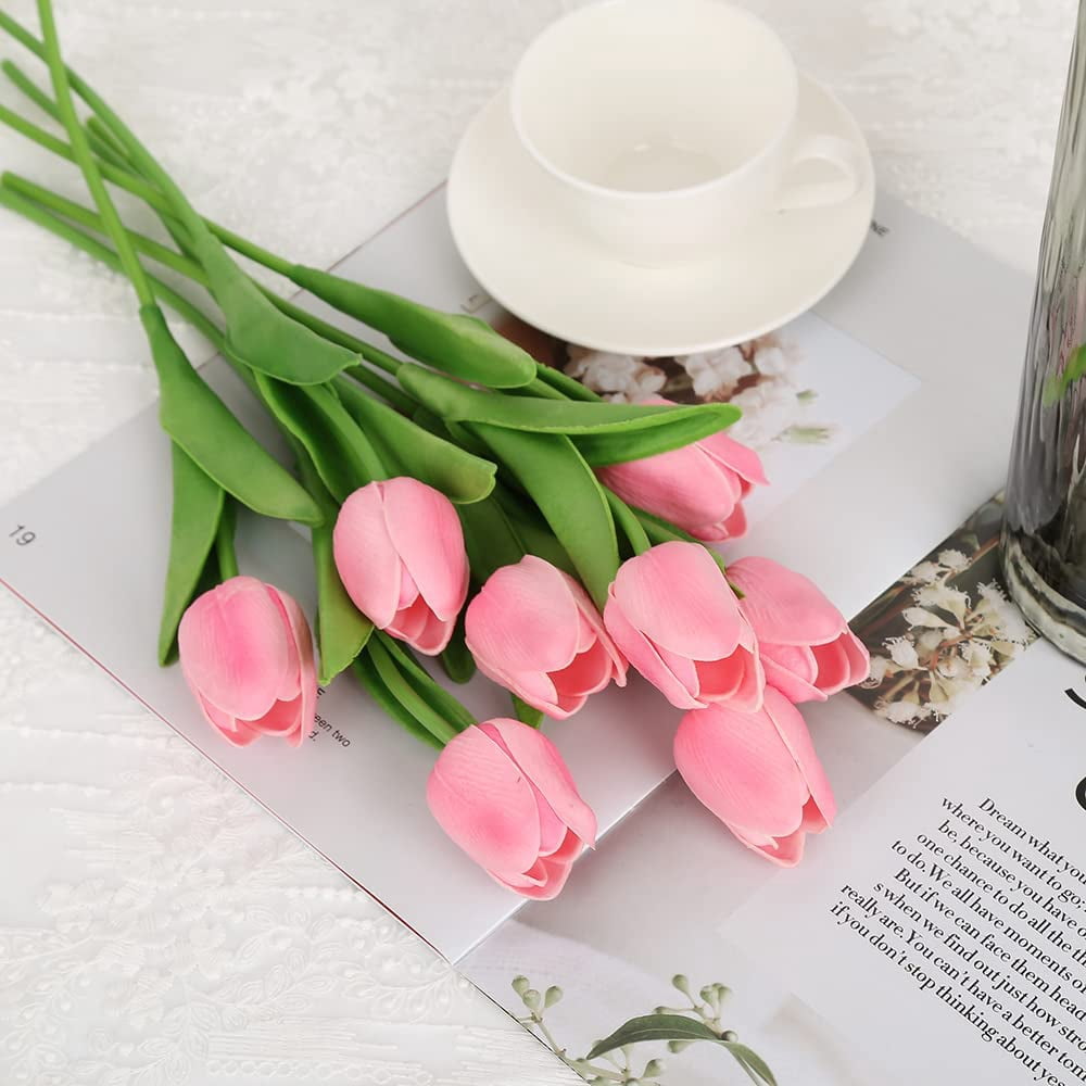 Pink Tulips Artificial Flowers 10pcs Real Touch Tulips Flowers Fake Pink Tulips Faux Flowers for Home Decoration Wedding Bouquet Party Baby Shower Centerpieces Bridal Bouquet Decor (Pink)