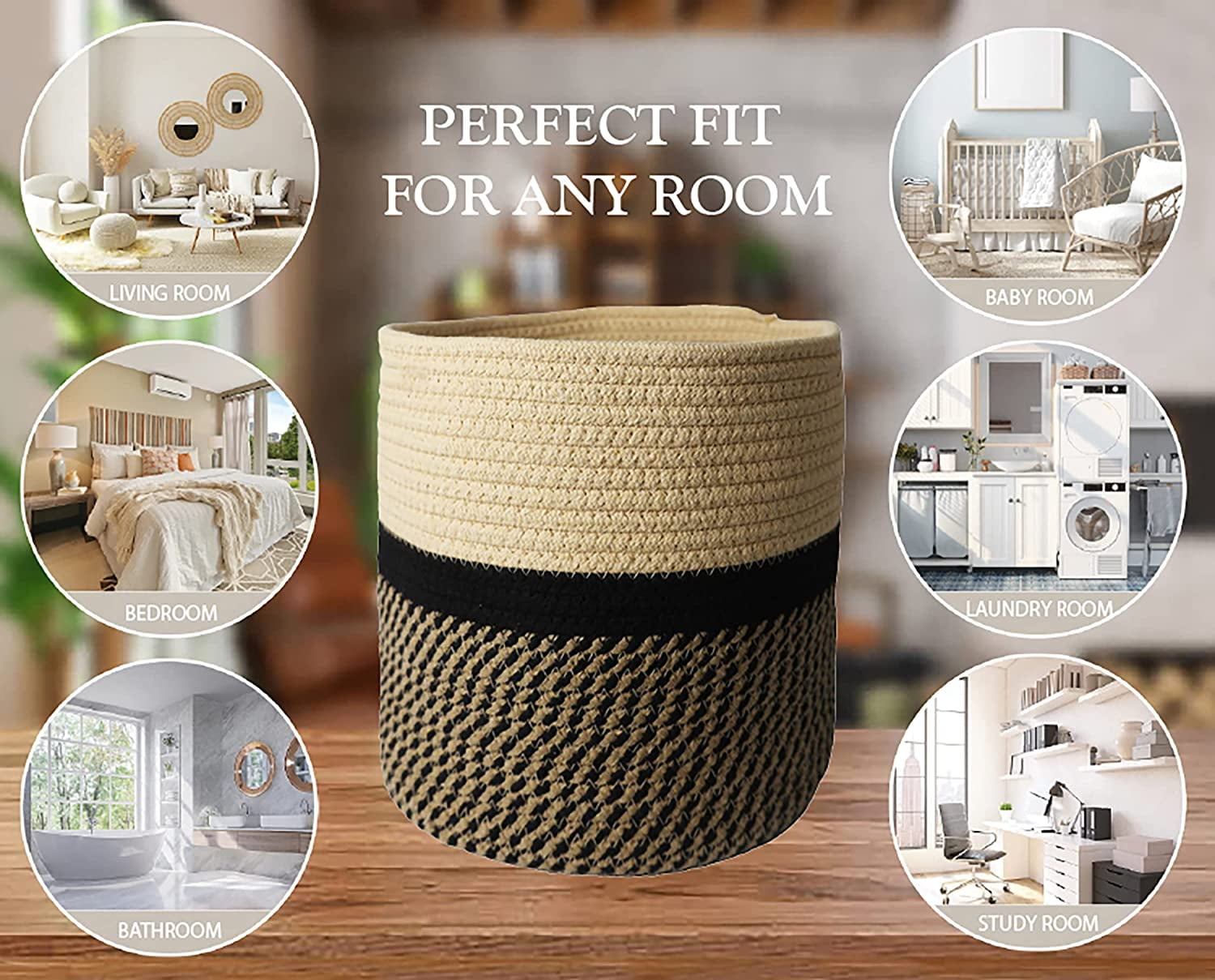 omh ORGANIZE MY HOME Decorative Baskets for Plants| 9- & 11-inch Pots for Indoor Plants | Floor Planter Pot Cover | Rope Plant Basket for Indoor (Small 9" Round, Tan/Black)