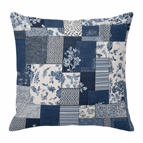 Throw Pillow Covers, Navy Blue Checkered Decorative Throw Pillow Covers 18x18 Inch, Vintage Floral Plaid Aesthetics Square Linen Pillow Cases for Couch/Living Room/Sofa