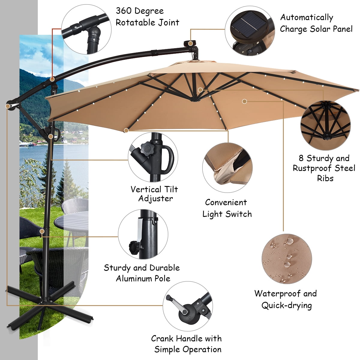 Costway 10FT Patio Umbrella Solar Powered LED 360degrees Rotation Beige