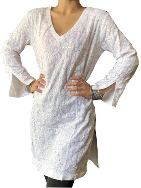 Mogul Women Tunic Dresses White Sequins Embroidered Cotton Kurti Party wear Indian Dress S