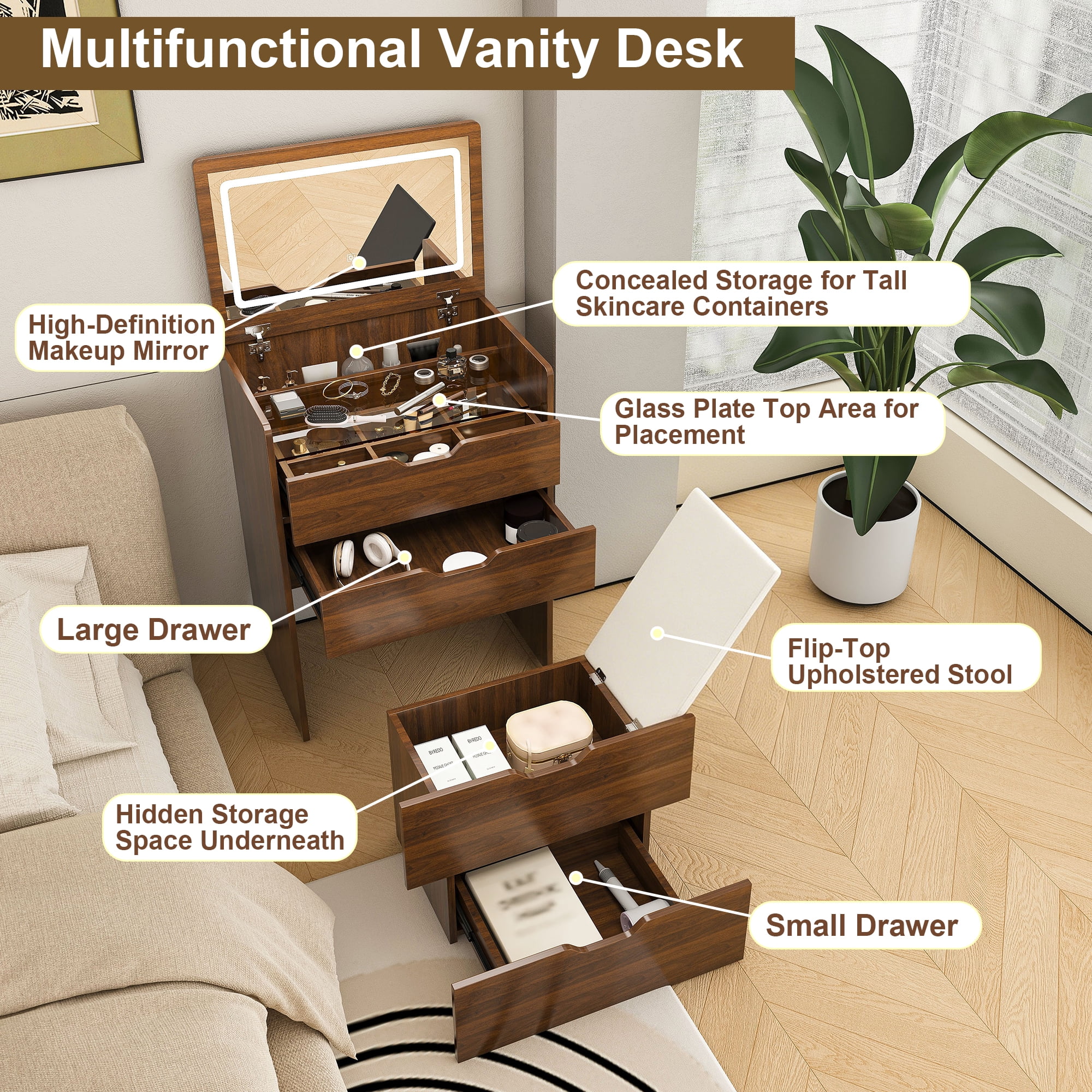 3-in-1 Vanity Desk with Flip Top Lighted Mirror & Storage Stool, Compact Makeup Dressing Table for Bedroom, Bathroom, or Dressing Room (23.L, Walnut)