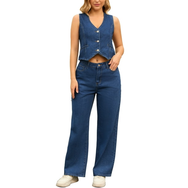 INSPIRAR CHIC Conjunto de Top y Jeans de Mezclilla para Mujeres, 2 Piezas, Talla L, Azul Oscuro
