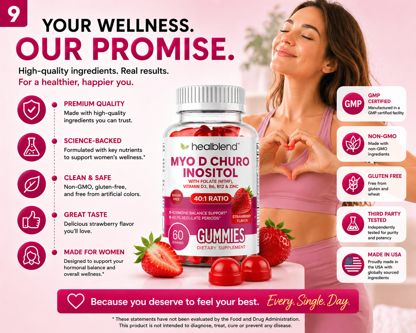 Healblend Myo-Inositol & D-Chiro Inositol PCOS Gummies for Hormone Balance & Fertility Support with Folate and Zinc, Strawberry Flavor, Sugar-Free, 60 Count